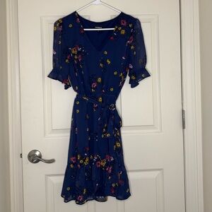 Express Navy Blue Floral Wrap Midi Dress